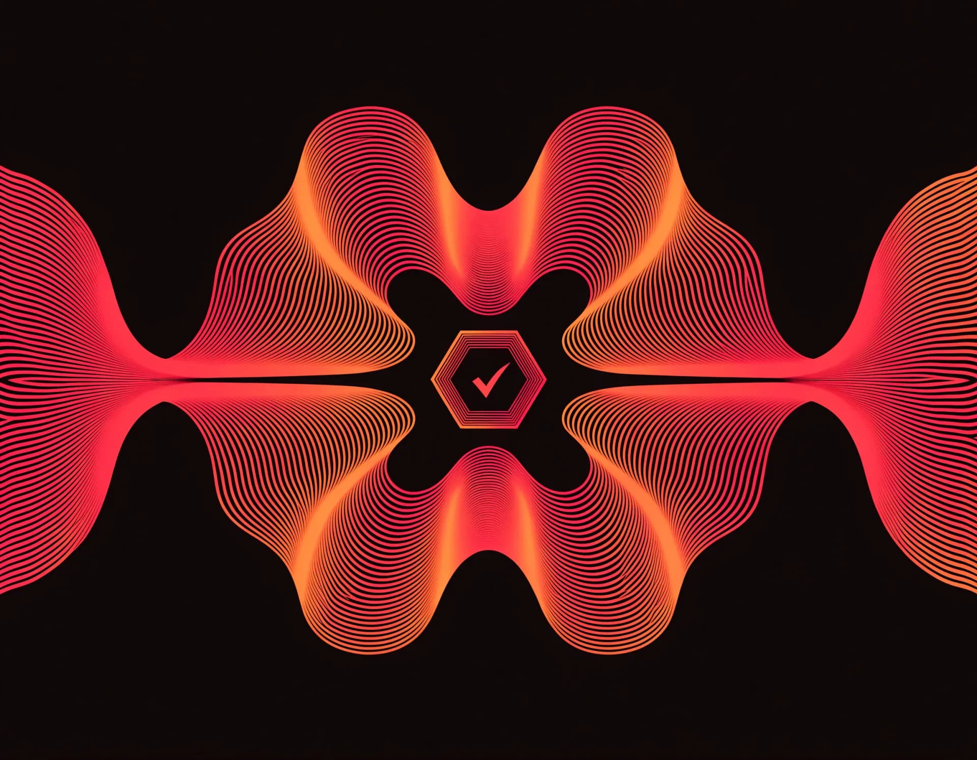 A symmetric sound wave with a hexagonal verification seal and a checkmark at its center: a licensed, rights-cleared voice.