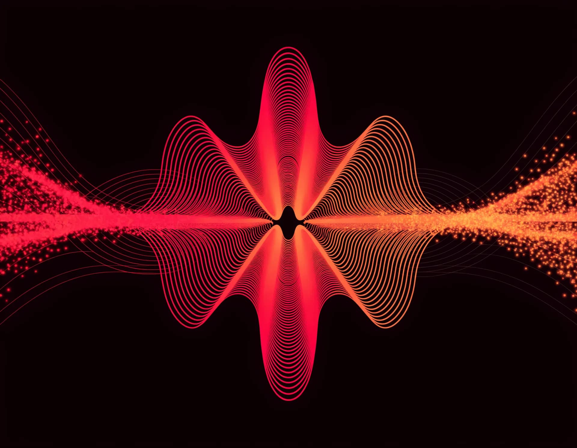 A symmetric sound wave forming from particles of light flowing toward the center: a voice built for you.